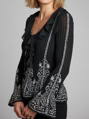 Sunny Leigh Black Pleated Boho Blouse Ruffle Tie Neck Bell Sleeve Size XL